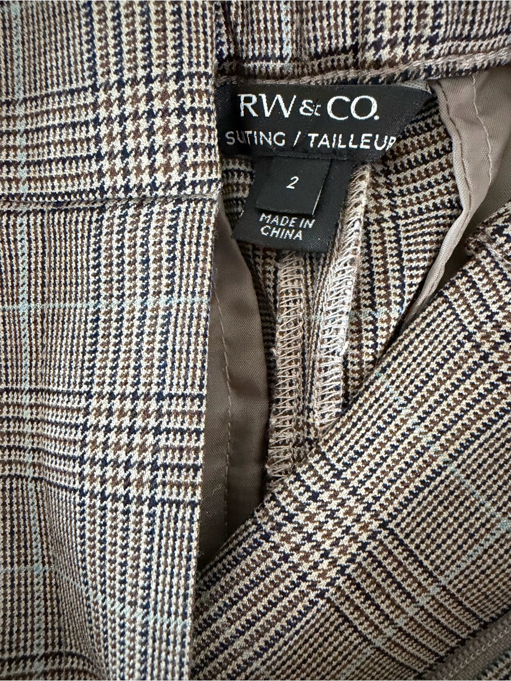 RW&CO. Women's Straight Leg Pants in Brown and Cream Glen Plaid